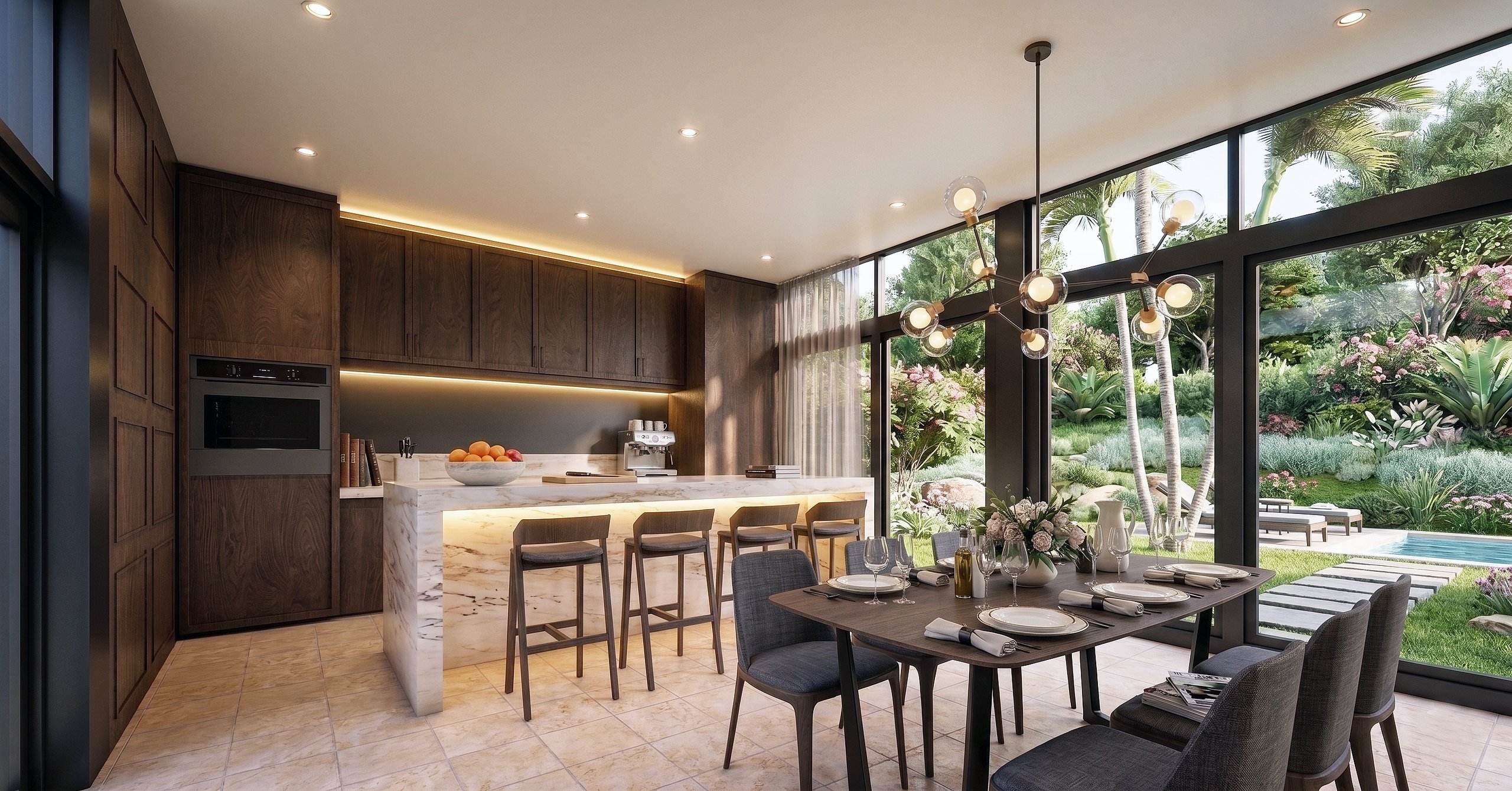 Interior contemporáneo con cocina de mármol, maderas cálidas y vista al jardín tropical