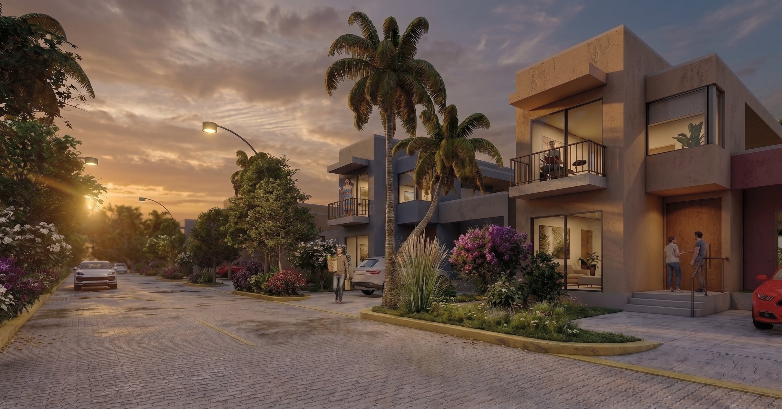 Fachadas contemporáneas y jardines tropicales en Calle Real al atardecer