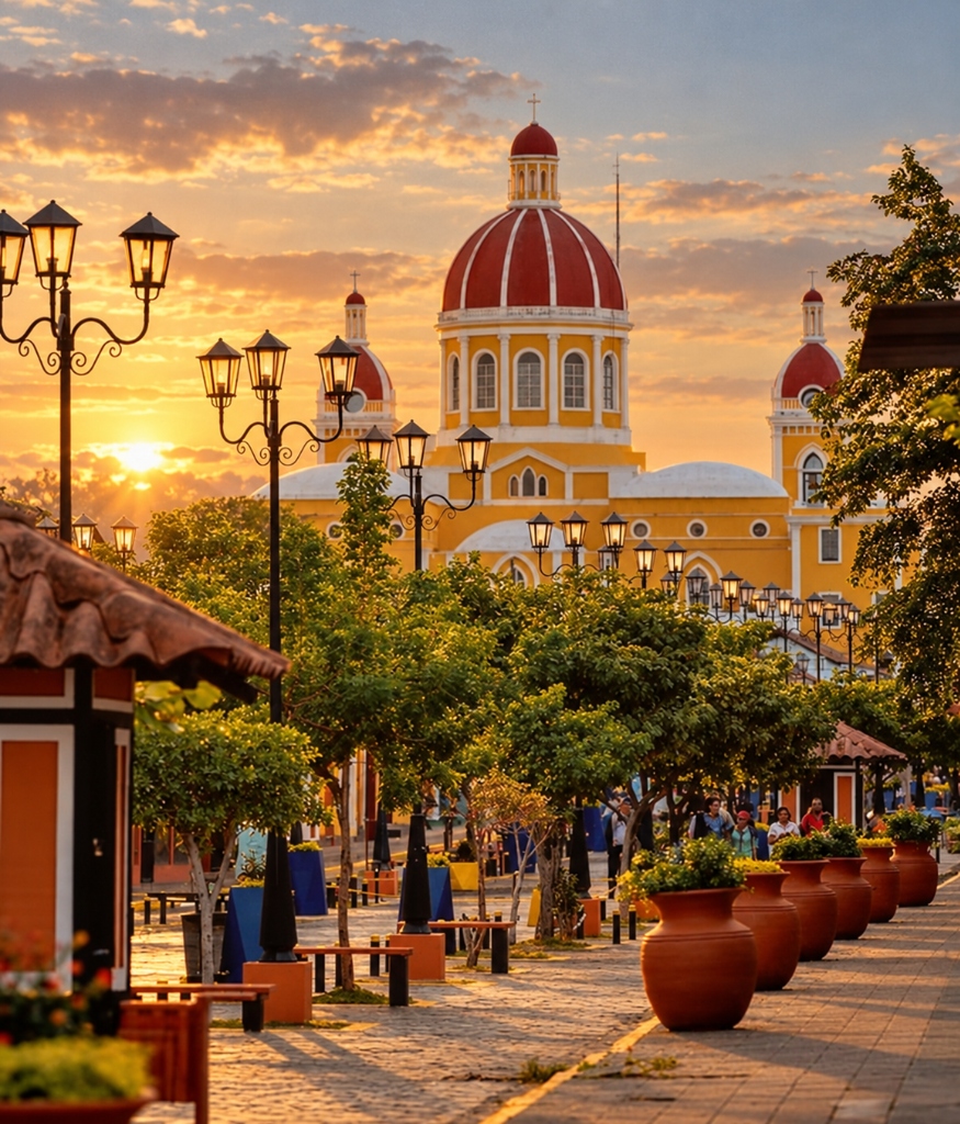 Avenida colonial con faroles tradicionales y vista a la Catedral de Granada al atardecer