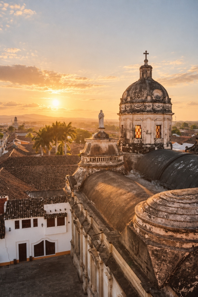 Panorámica dorada al atardecer de la Iglesia de la Merced, cúpulas coloniales y techos de tejas en Granada
