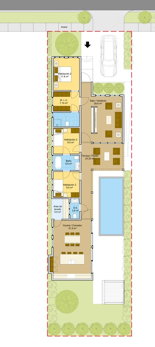 Plano arquitectónico lote y distribución Modelo 148 m2