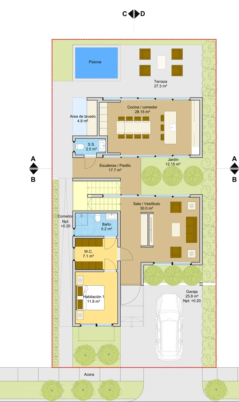 Plano arquitectónico primera planta Modelo 202 m2