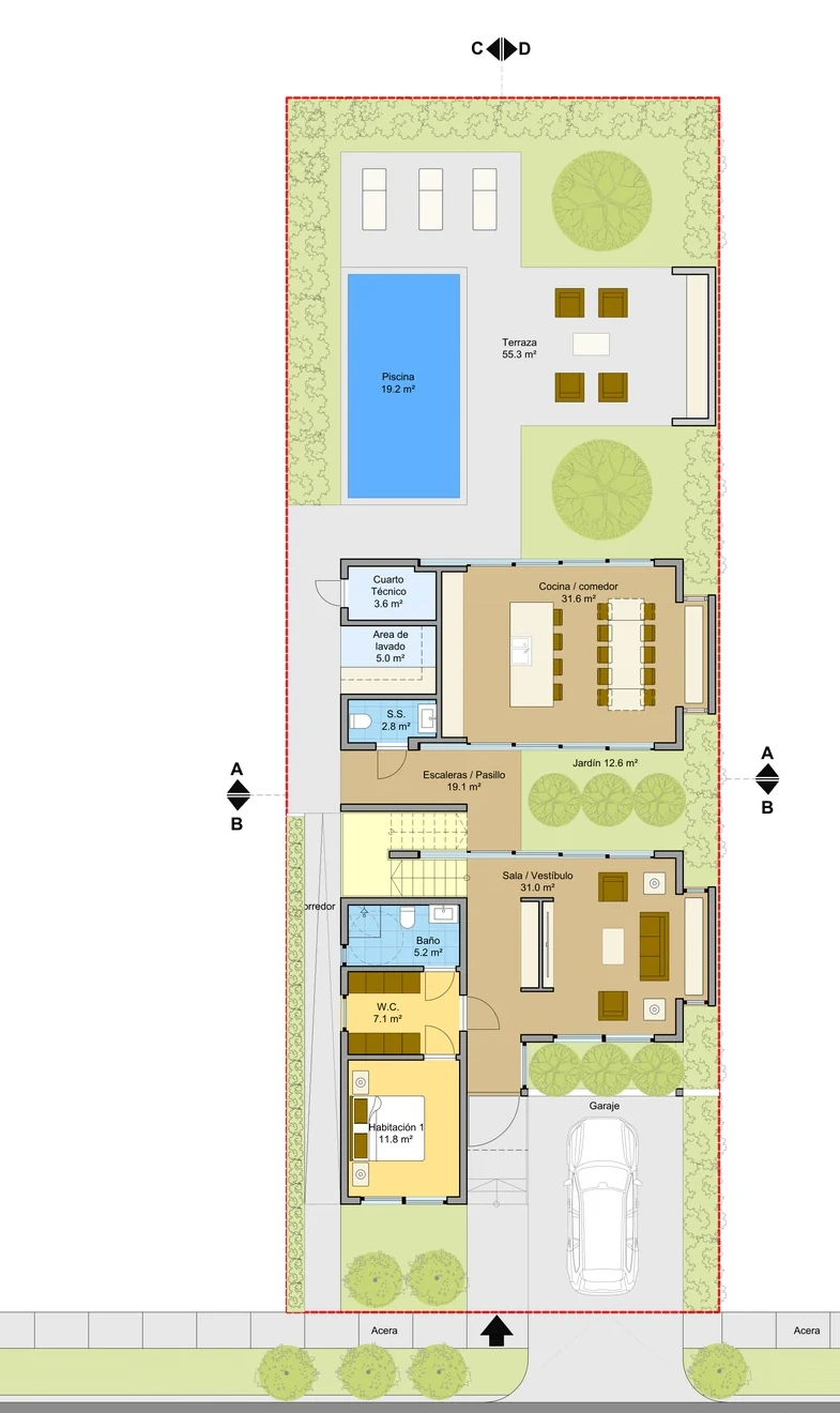 Plano arquitectónico primera planta Modelo 227 m2